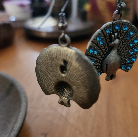 Vintage Teal Rhinestone Peacock Pierced Earrings - Picture 3 of 4